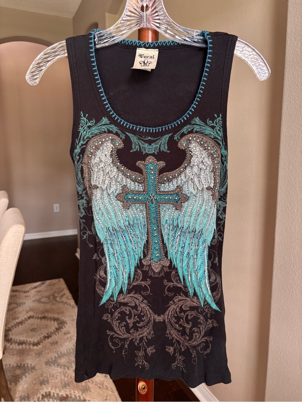 Vocal Black Tank with Turquoise Wing and Cross Embellishment